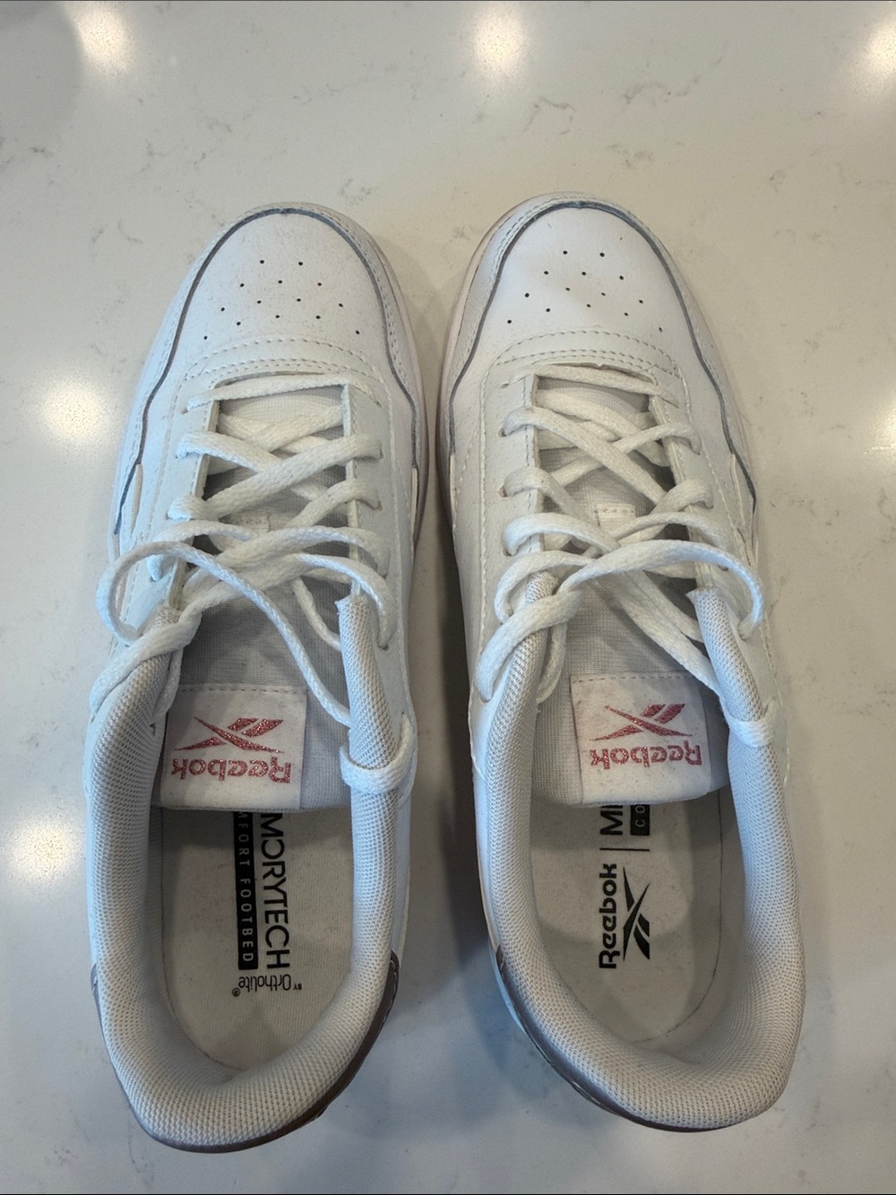 Reebok Women’s White Low-Top Leather Memory Tech Sneakers with Subtle Pink Logo